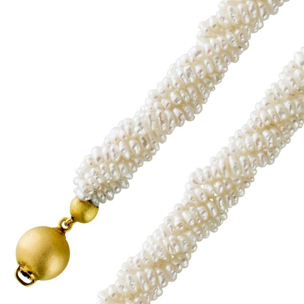 Perlen Kette Japanische Biwaperlen 5-reihig rosefarbenes Lüster Gelbgold 585